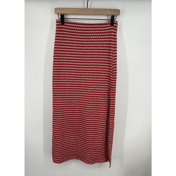 Free People Red Striped Knit High Rise Slit Maxi Skirt Size Small Beach Casual - Picture 2 of 5